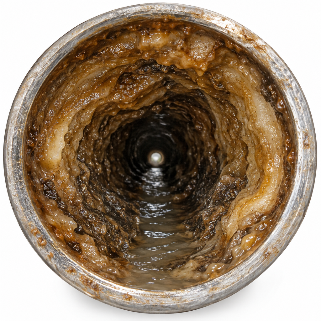 Pipe interior thickly coated with buildup, narrowing the opening