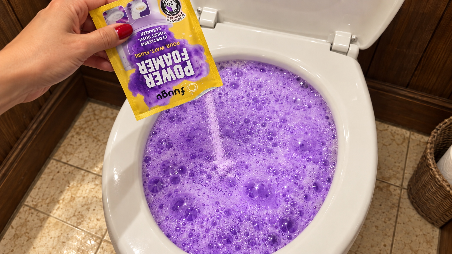 A hand holding a torn-open Fuugu pouch upside down, purple powder falling from its open top into a toilet bowl full of purple foam