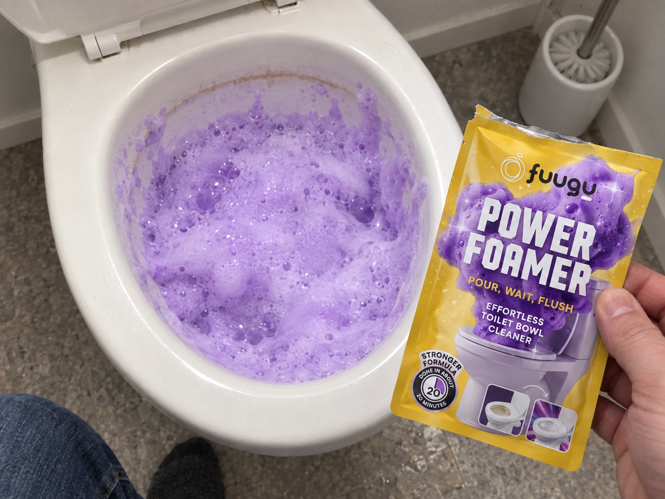 Looking down into a toilet bowl full of purple foam while a hand holds a torn-open Fuugu pouch