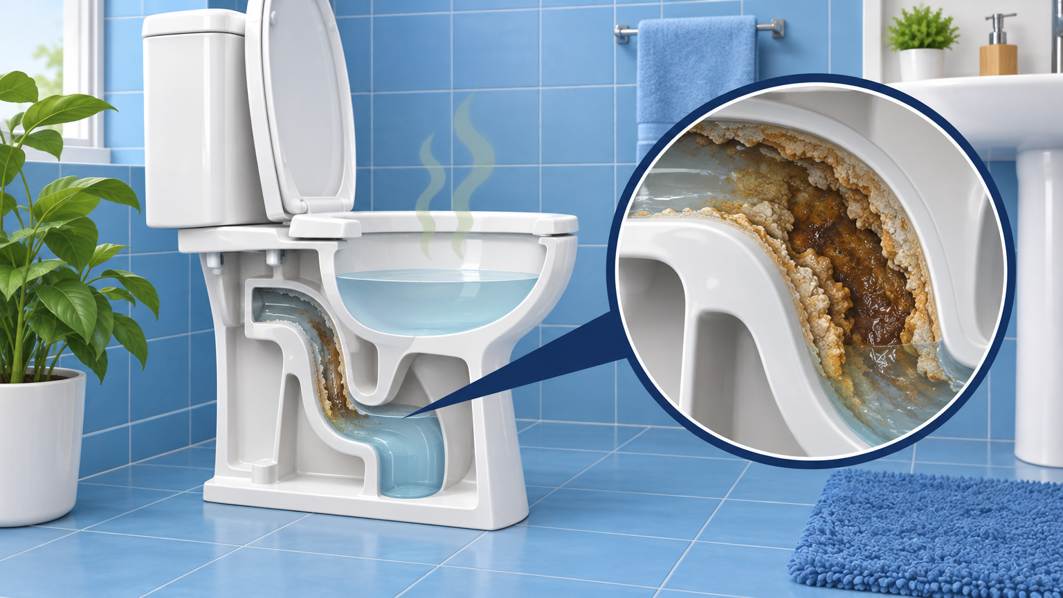 Illustration of a toilet cutaway with a magnified view of buildup inside the curved drain pipe