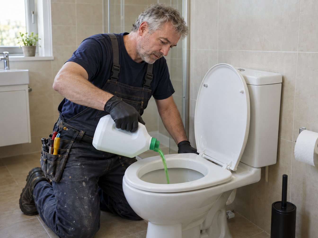 Plumber pouring green chemical drain cleaner into a toilet