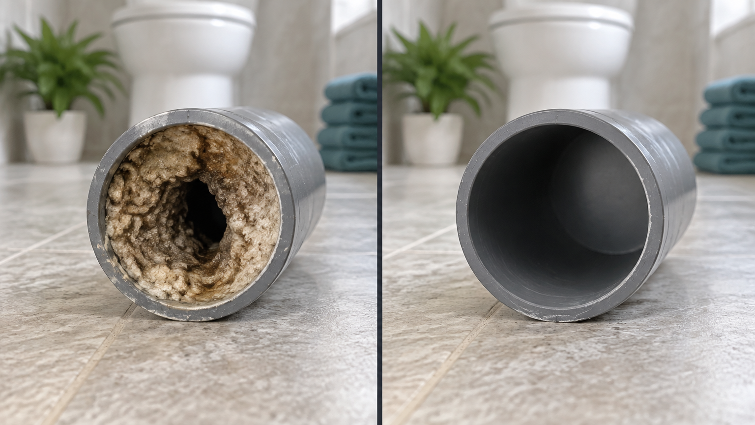 Split image: a pipe section crusted with buildup on the left, the same pipe clean on the right