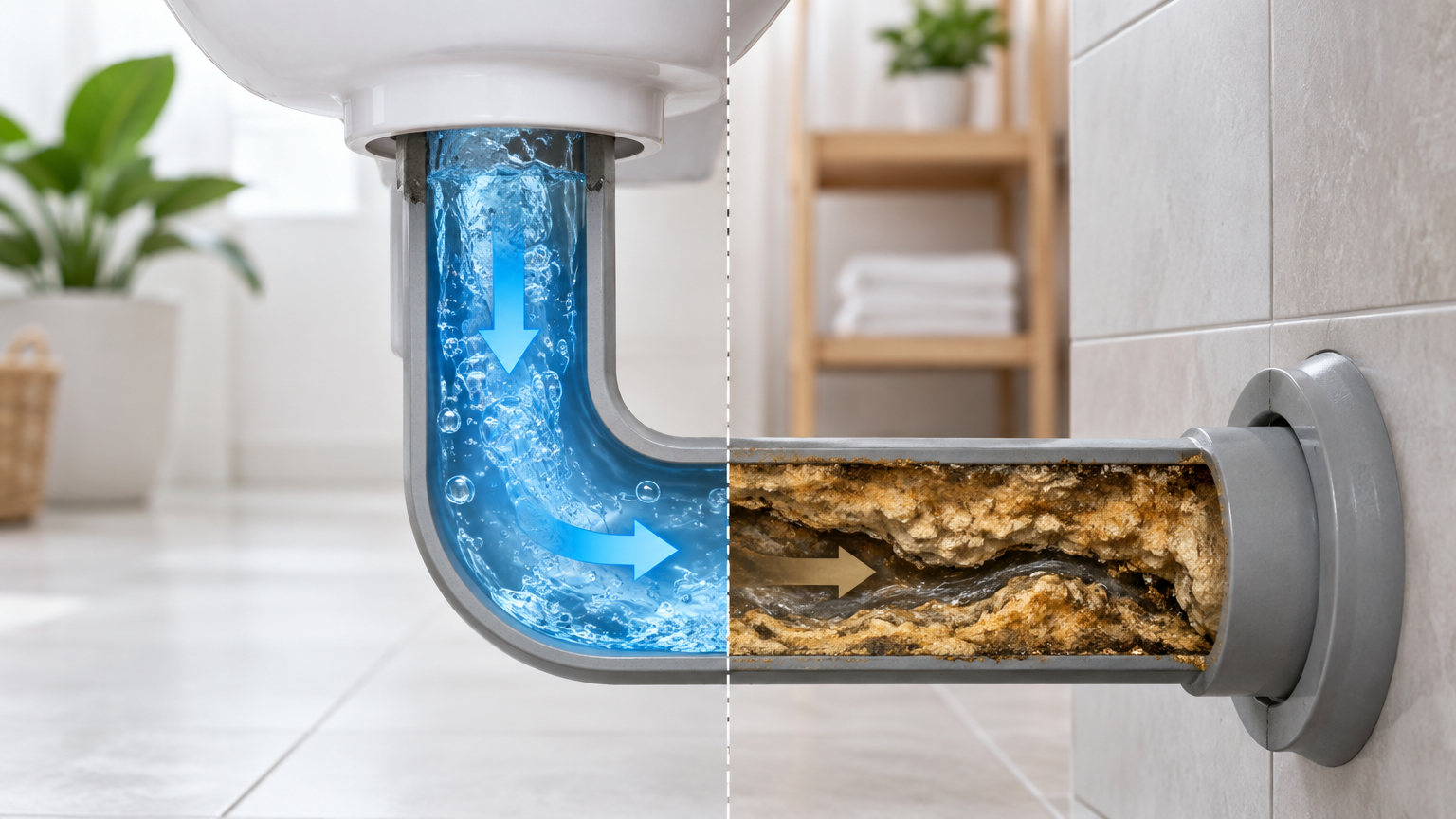 Cutaway illustration: clean pipe with freely flowing water on the left, the same pipe narrowed by crusty buildup on the right
