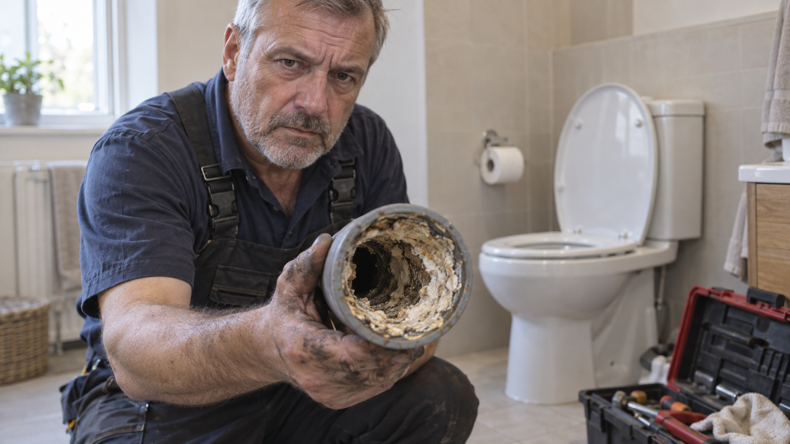 A plumber crouching in a bathroom holds up a pipe section crusted shut with buildup