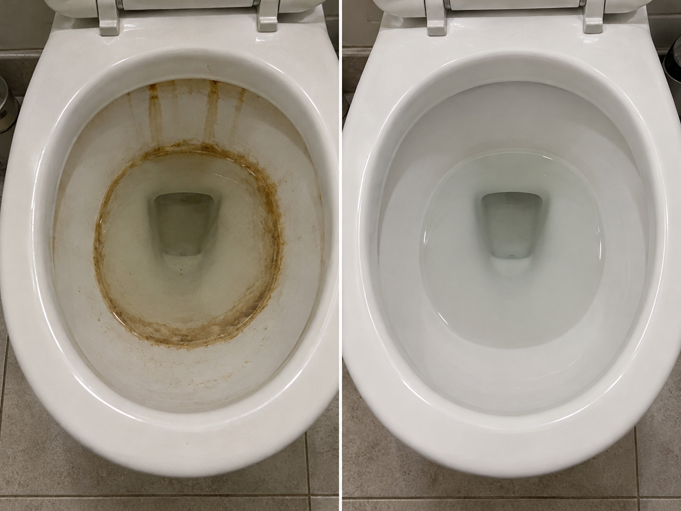 Before and after: toilet bowl with a brown limescale ring and rust streaks, then the same bowl bright white