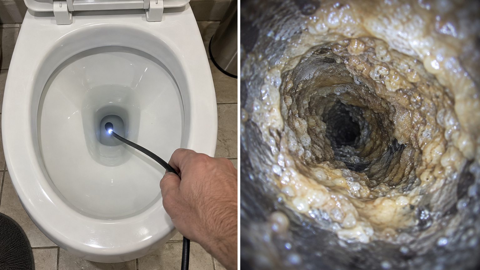 Split screen: an inspection camera being fed into a spotless white toilet bowl, and the camera's view of the trapway inside, crusted almost shut with tan mineral scale