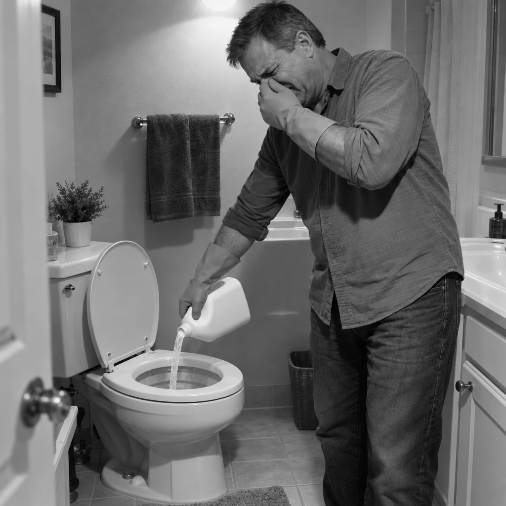 Black-and-white photo of a man in rubber gloves pouring drain opener into a toilet while covering his nose