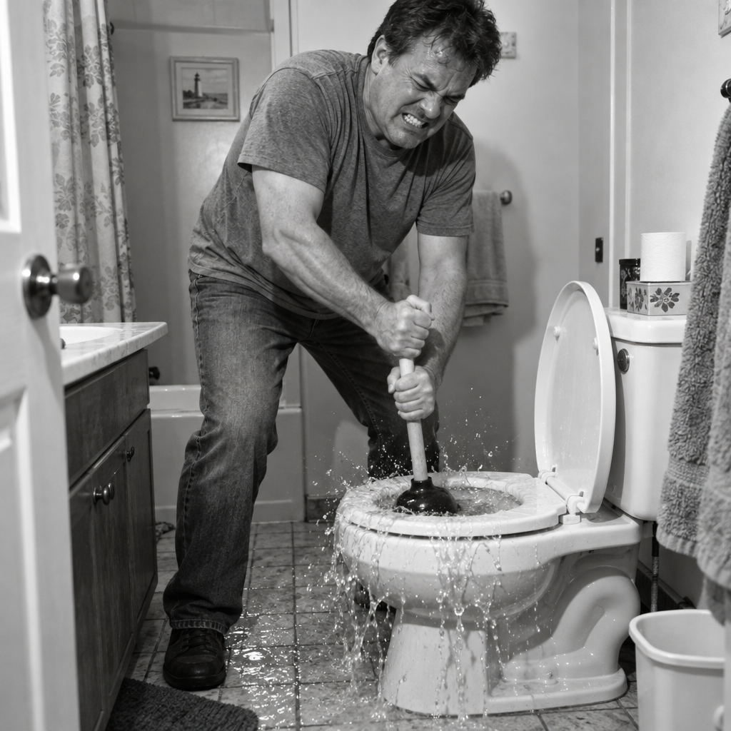 Black-and-white photo of a frustrated man plunging a toilet as water splashes onto the floor