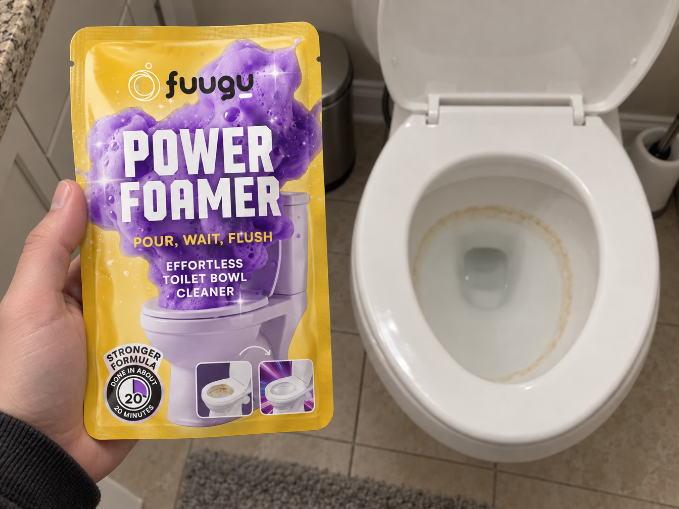 Hand holding a Fuugu pouch above a toilet bowl with a tan hard-water ring