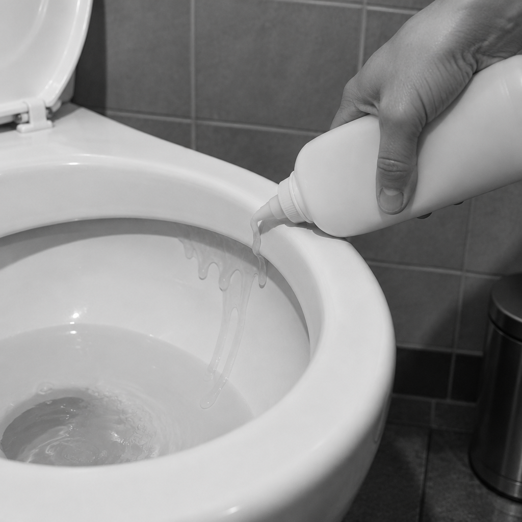 Black-and-white photo of gel cleaner sliding straight down a toilet bowl into the water