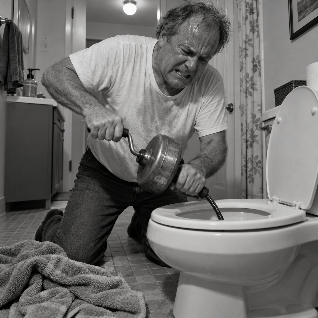 Black-and-white photo of a sweating man kneeling on a bathroom floor cranking a hand auger into a toilet