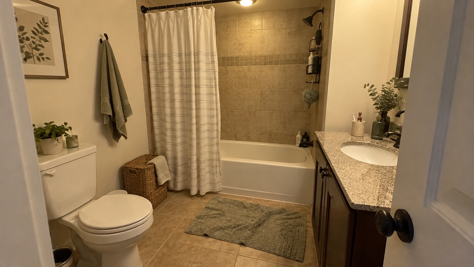 Ordinary home bathroom with toilet, bathtub with shower curtain, and sink vanity