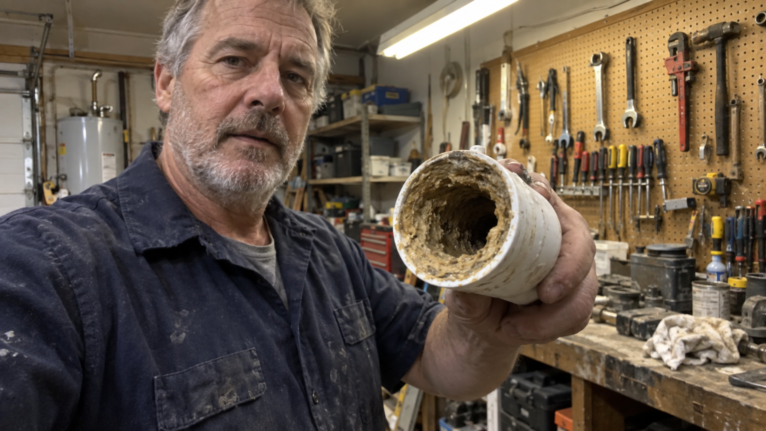 Plumber in his garage workshop holding up a cut section of drain pipe lined with thick tan scale