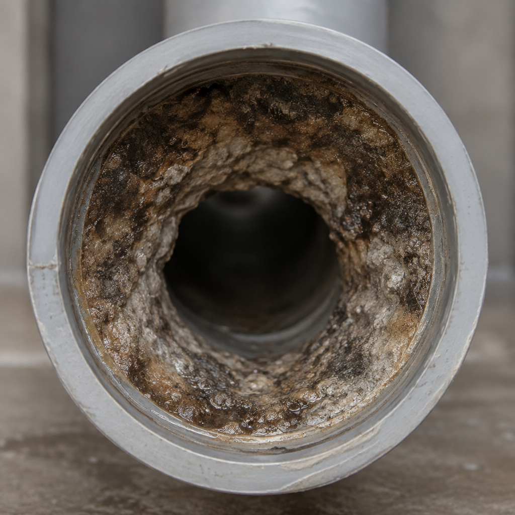 Drain pipe narrowed to half by buildup