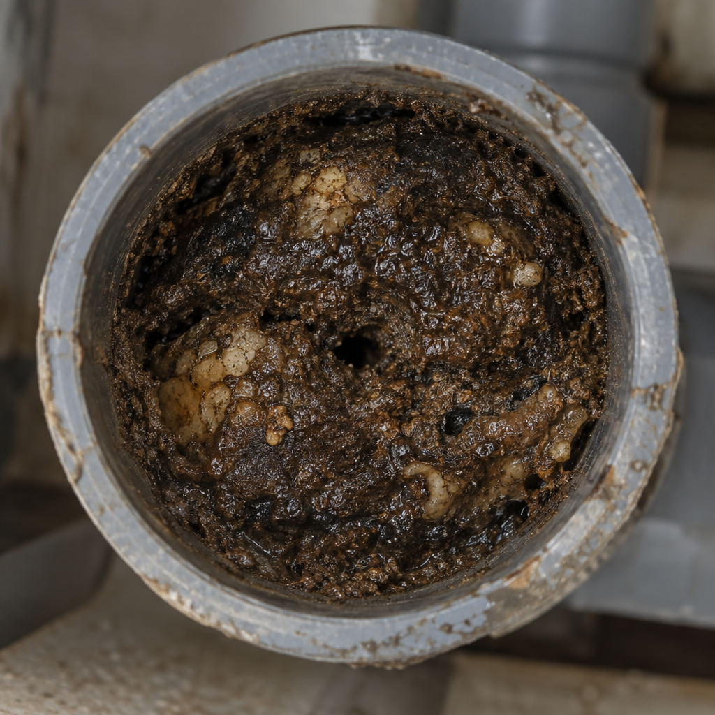Drain pipe almost completely sealed by buildup