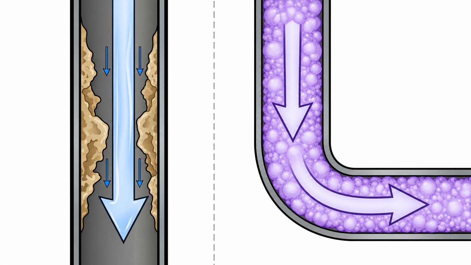 Illustration comparing liquid cleaner running past buildup in a pipe with purple foam filling the whole pipe