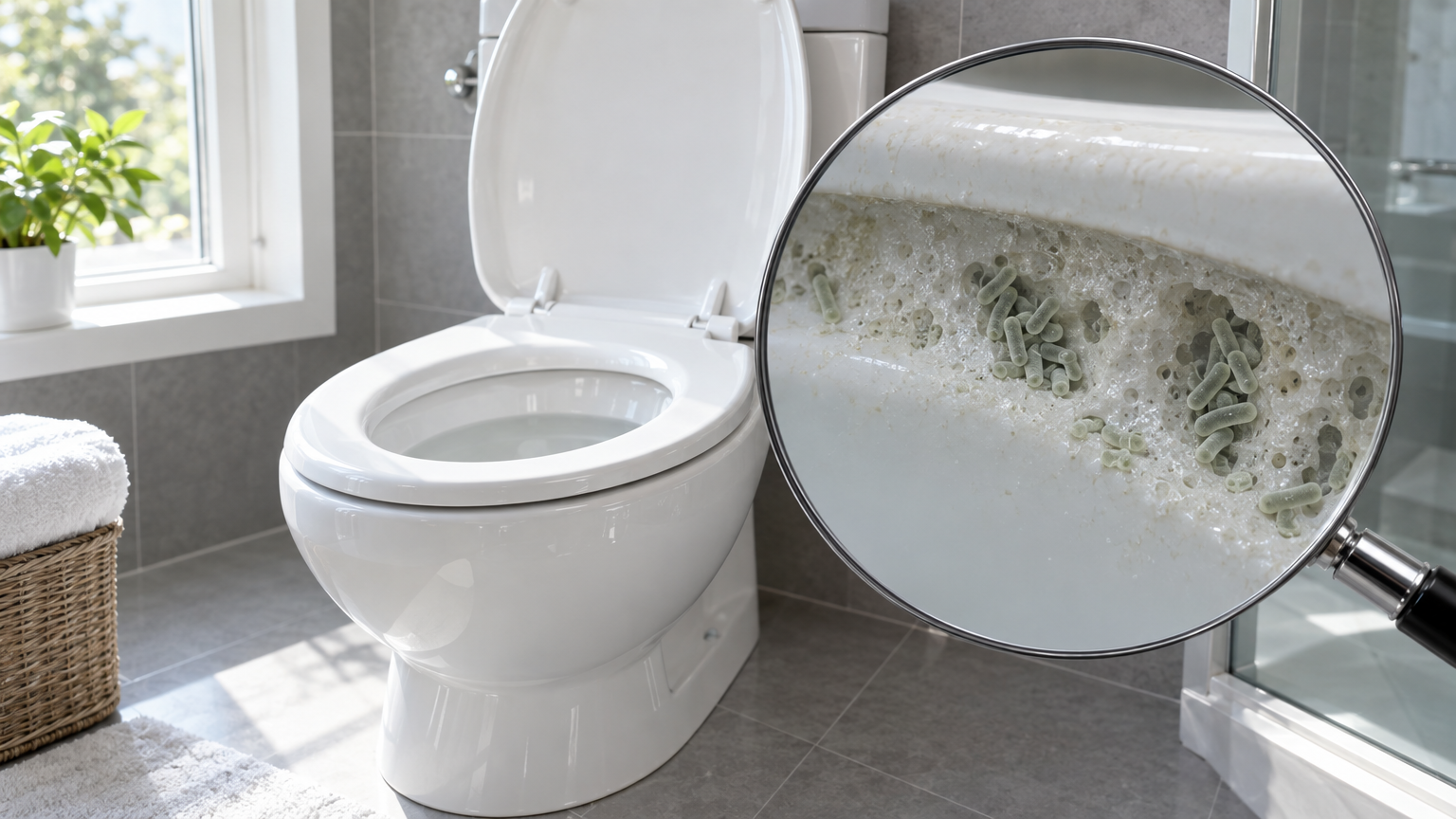Spotless white toilet in a clean bathroom, with a magnifying glass revealing a porous mineral film under the rim harboring bacteria