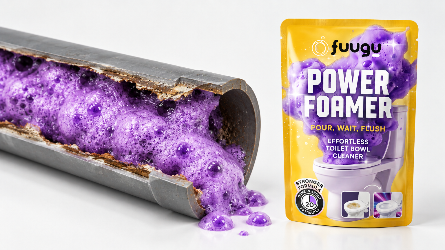Cutaway pipe filled with purple foam lifting buildup off the inner wall, with a Fuugu pouch standing beside it