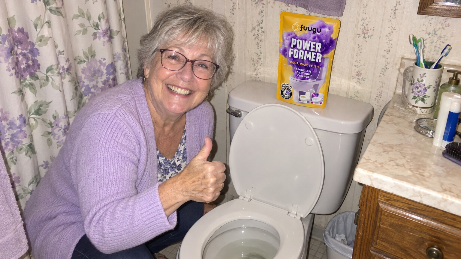 Older woman crouching beside her toilet giving a thumbs-up, with a Fuugu pouch on the tank lid