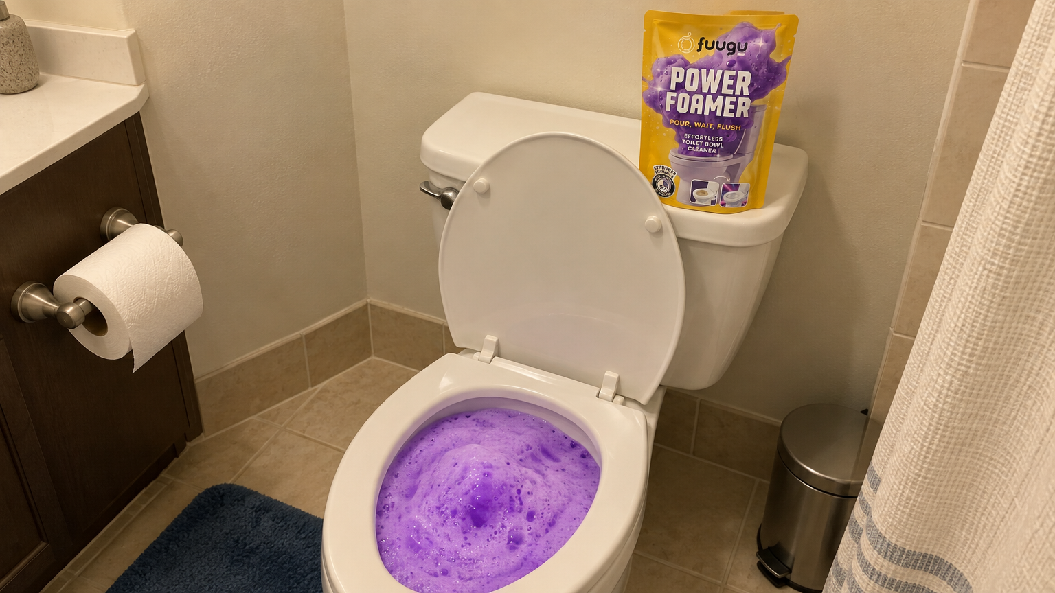Purple Fuugu foam rising inside a home toilet bowl with the Fuugu pouch on the tank lid